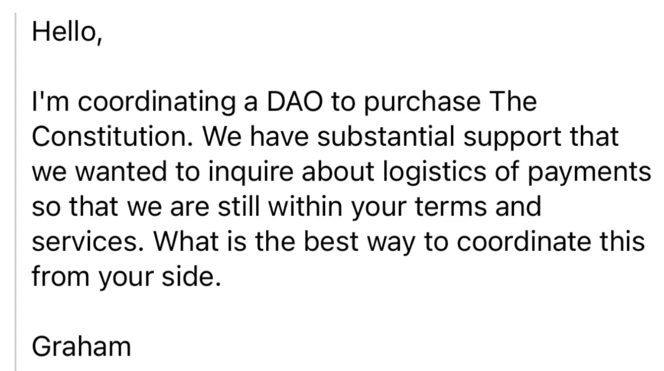 Screenshot of the first email sent to Sotheby's on behalf of the ConstitutionDAO campaign